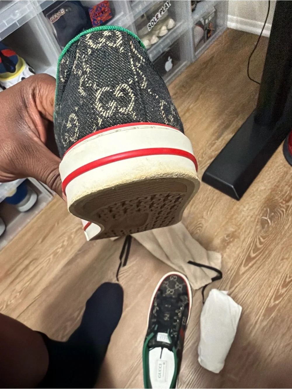 Gucci Black GG Canvas Low-Top Sneaker with Green and Red Web